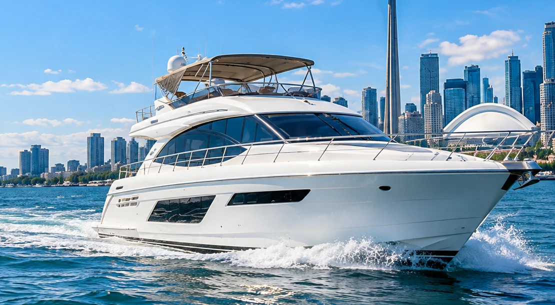 Illustrative white yacht cruising on the Toronto waterfront
